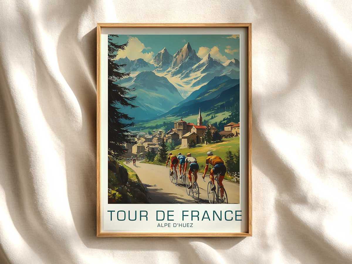 Vintage-style poster of a cyclist on Alpe d'Huez shown in profile, head down in focused concentration, gripping handlebars…
