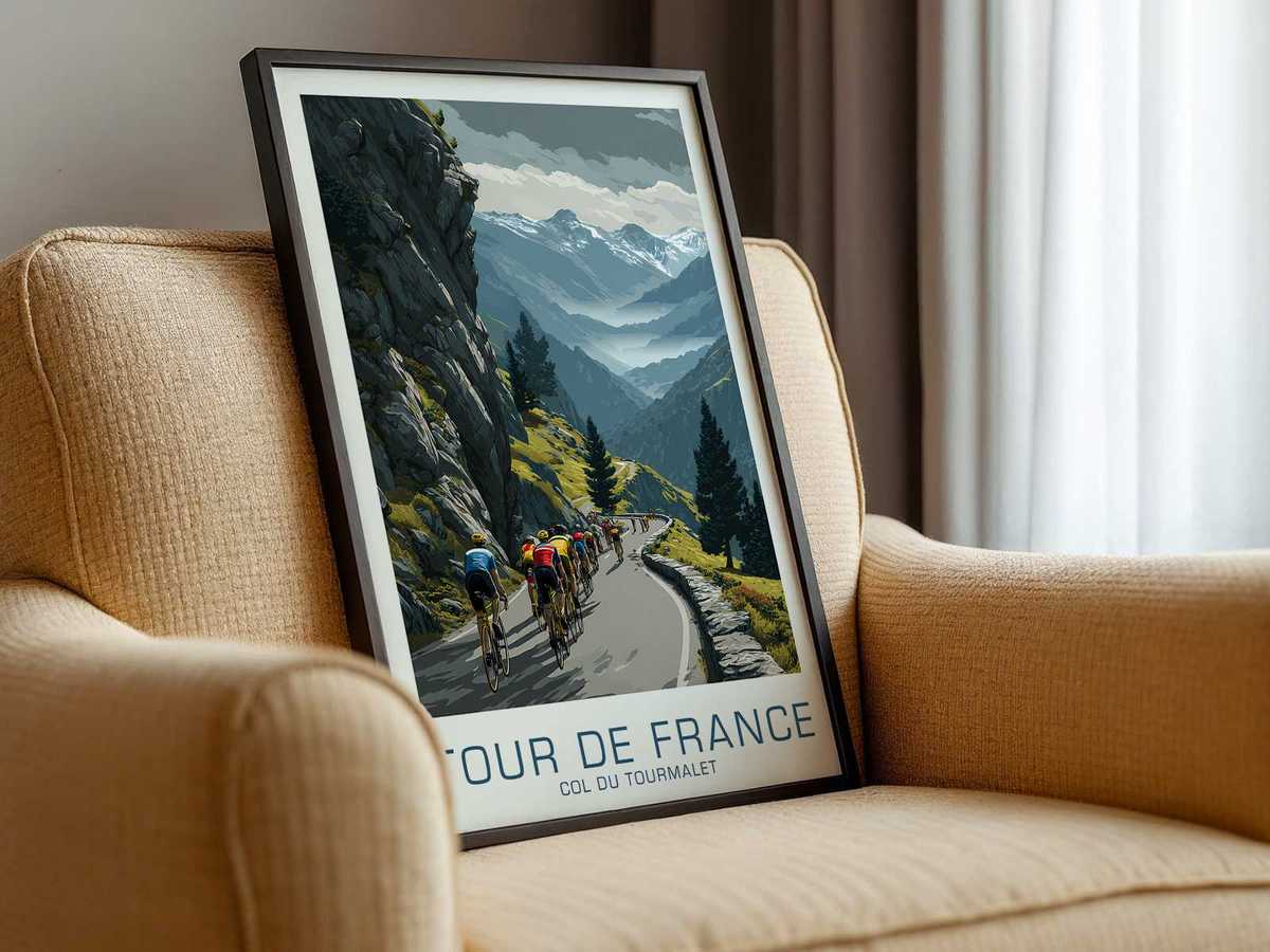 Panoramic view of an alley of rivals lined up along the Col du Tourmalet slope, tension evident in their posture