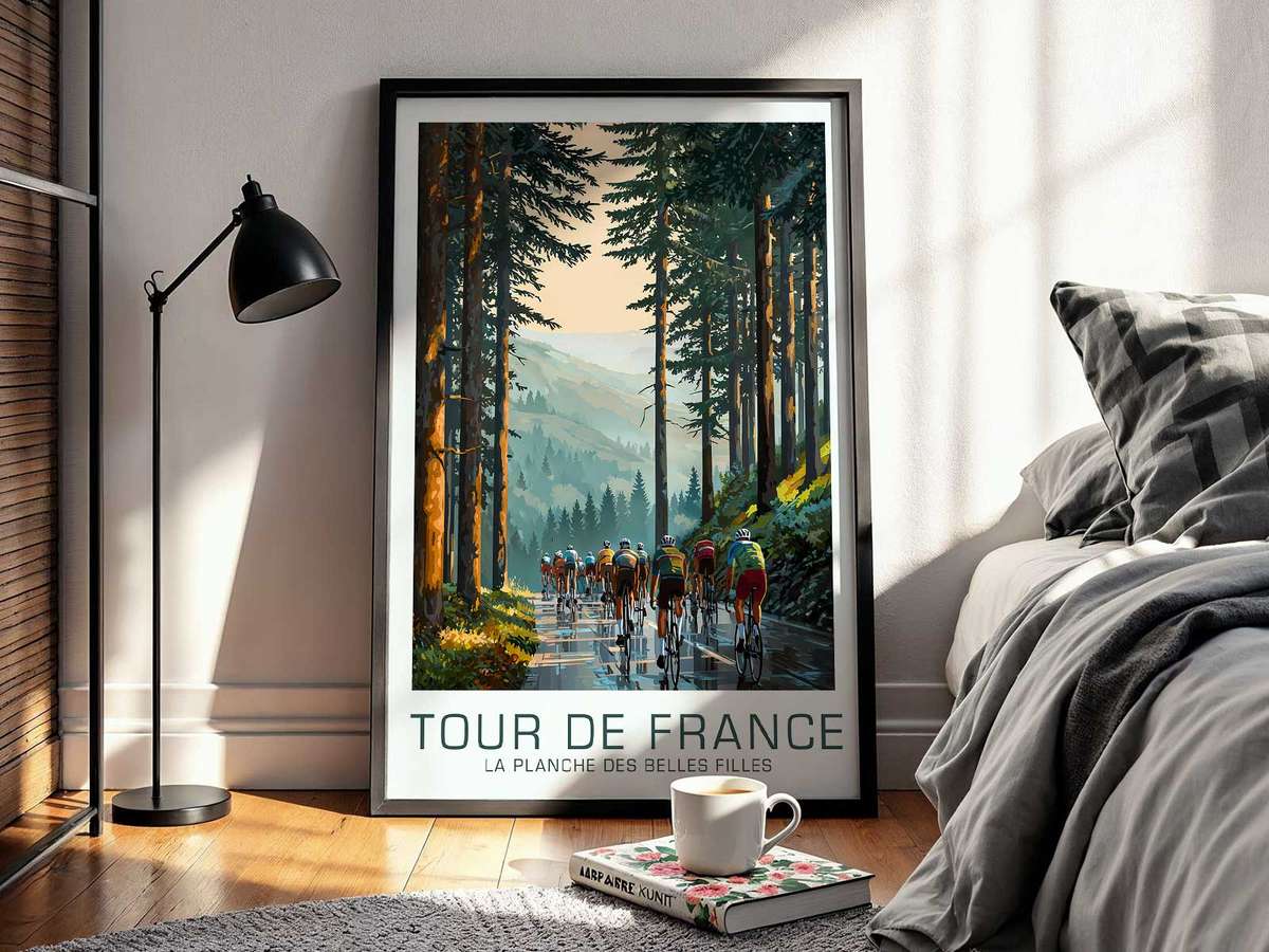 Panoramic poster of high-altitude landscape around La Planche des Belles Filles, showing distant peaks and the ascent…