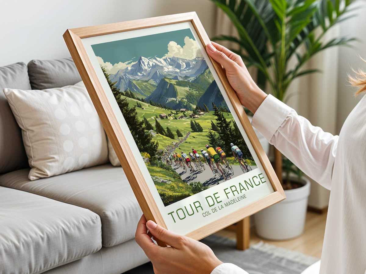 Panoramic poster of Col de la Madeleine with layered mountain ranges and the ascending road cutting through