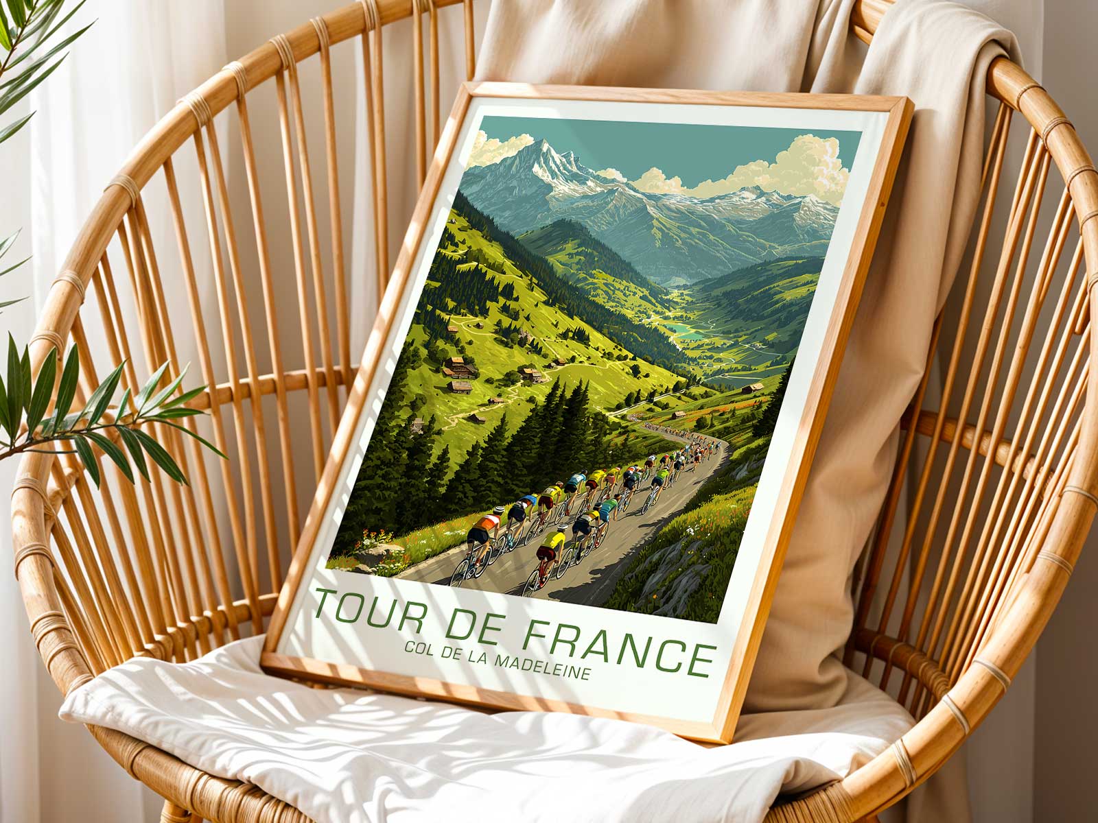 Panoramic watercolor poster of Col de la Madeleine with layered lavis and patina-like surface effects