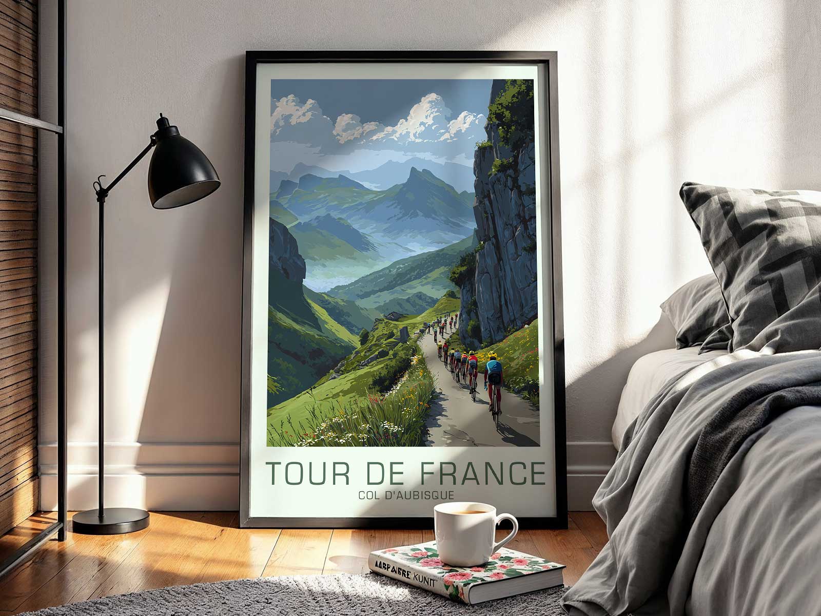 Vintage-style panoramic poster looking down from a ridge at the valley below, stressing altitude and expansive landscape