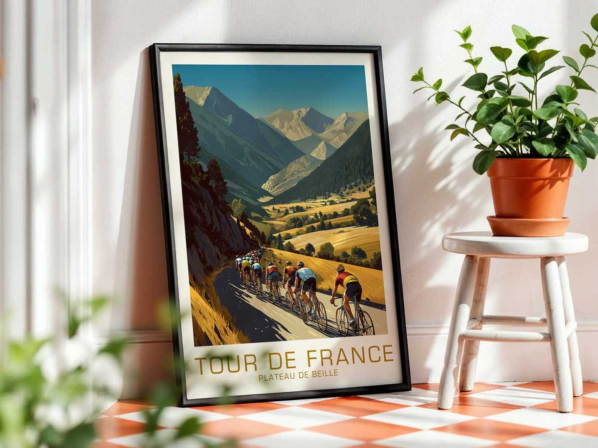 A compact peloton cutting through morning mist on the Plateau de Beille, colors softened for a refined interior aesthetic