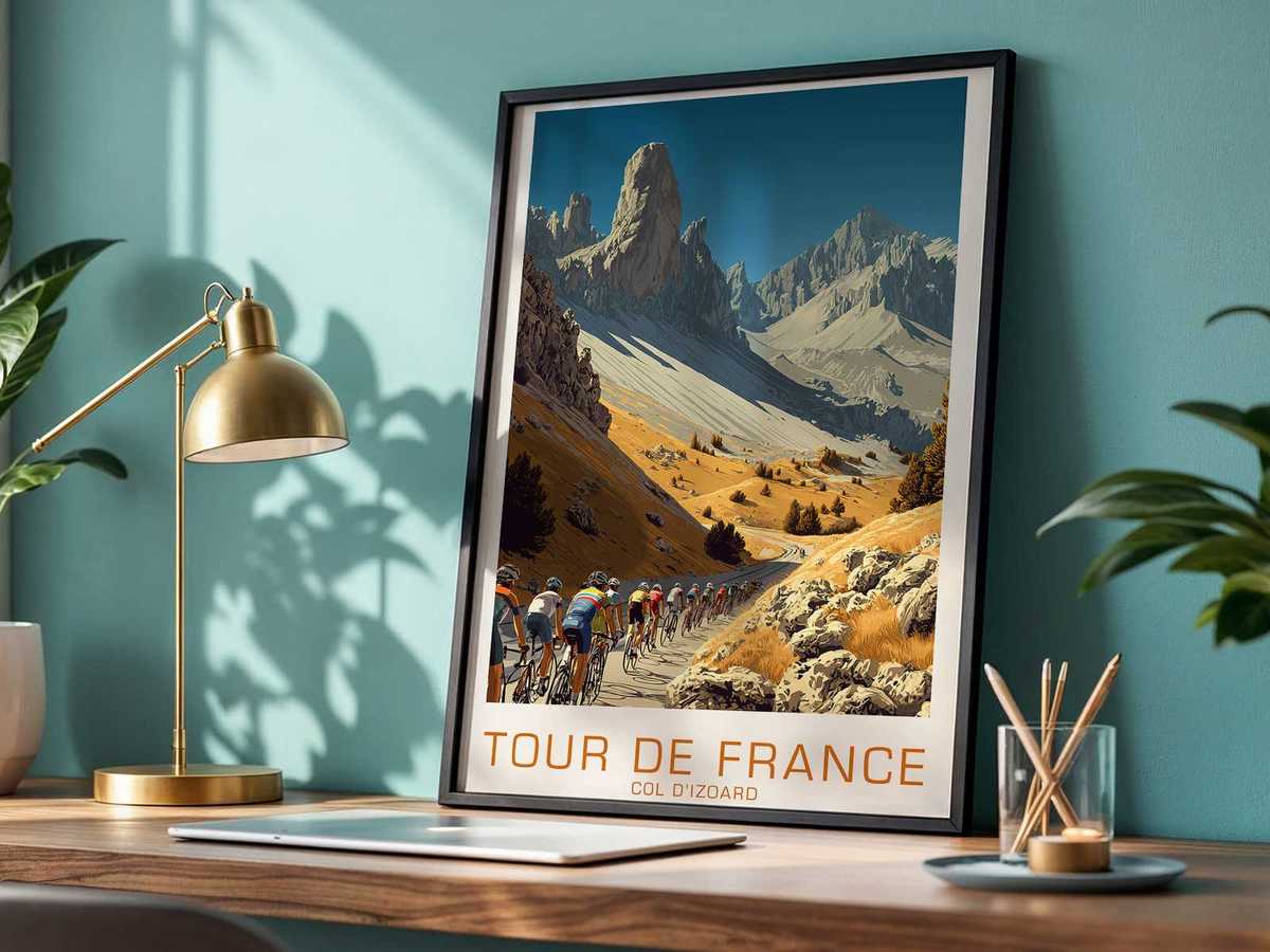 Silhouetted peloton ascending Col d'Izoard at dawn in a retro poster style