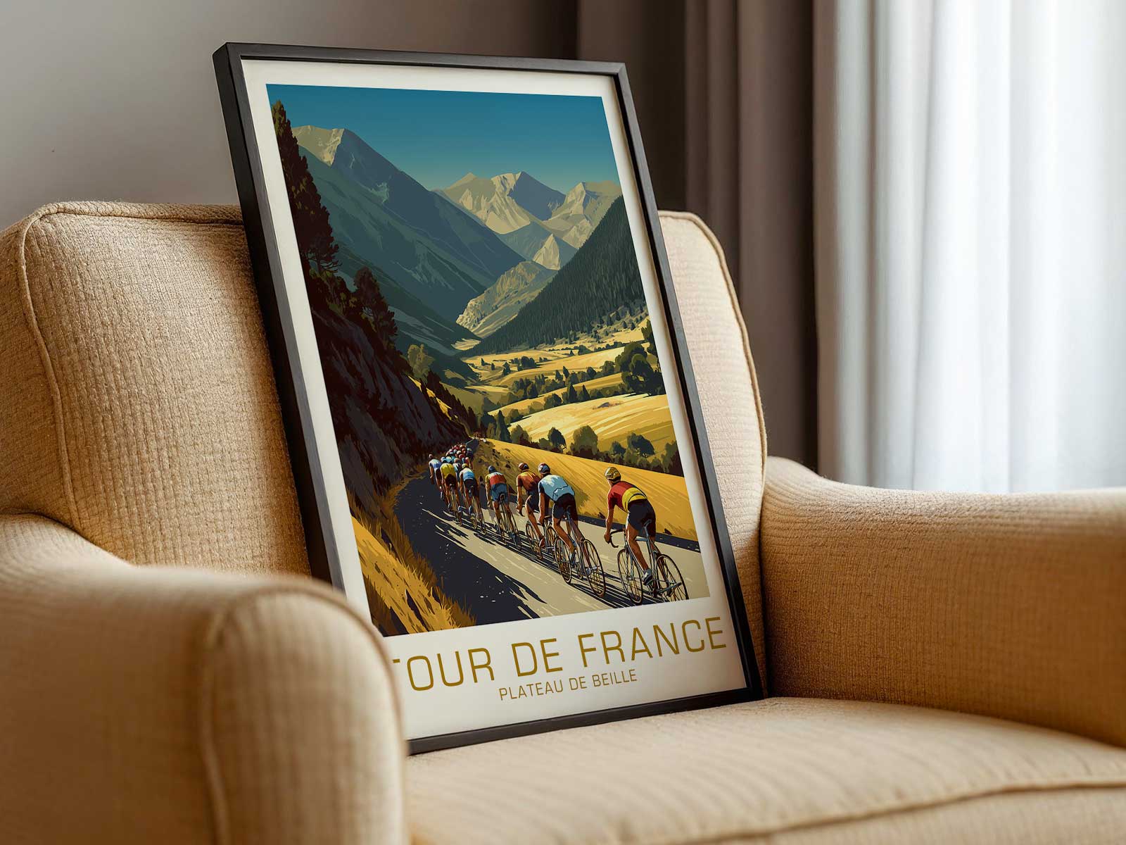 Silhouetted peloton on the vintage poster set against the stylized Plateau de Beille landscape, evoking race history