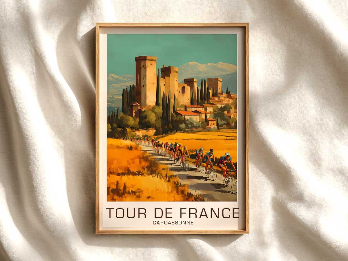 Racing bicycle silhouette framed against Carcassonne city wall, emphasizing geometric lines and negative space