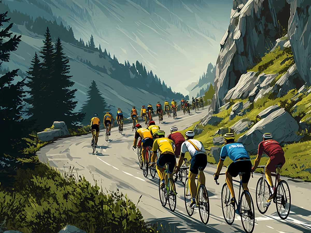Poster detail of the rider's legs and pedals on the Tourmalet, illustrating the repetitive gesture that signifies sustained…