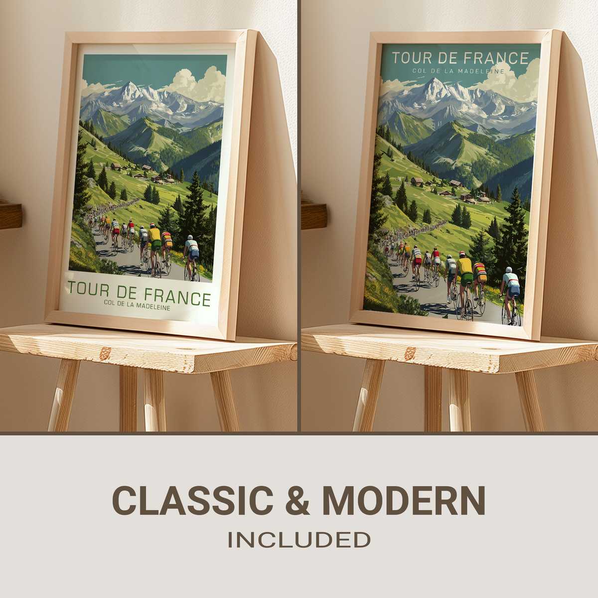 Vintage-style poster showing the silhouette of a lone rider against the summit ridge of Col de la Madeleine with dramatic sky