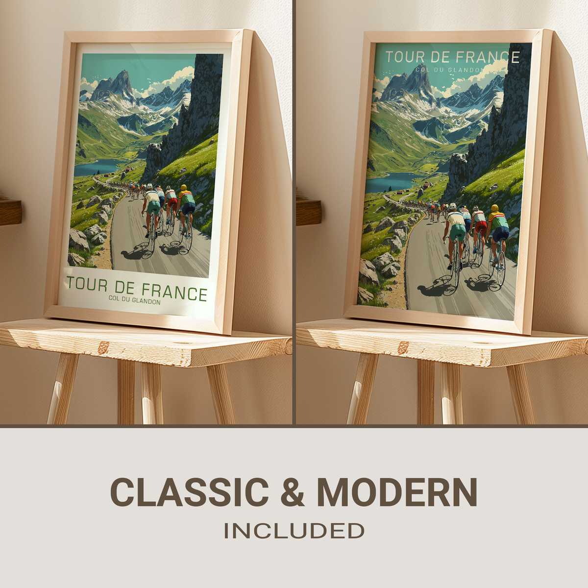 Poster view of Col du Glandon summit silhouette with riders climbing toward a pale sun above jagged ridgelines