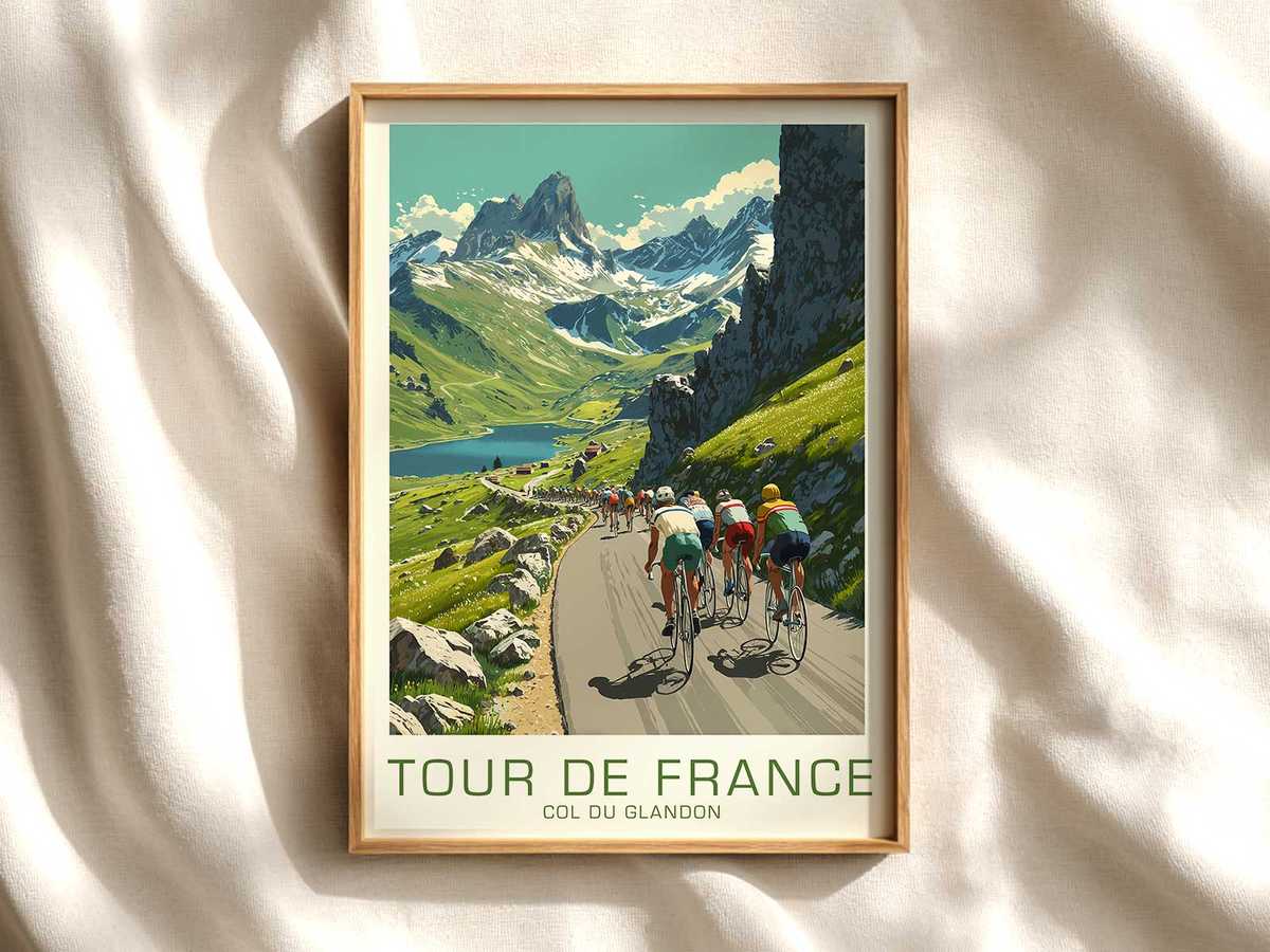 Poster view of Col du Glandon summit silhouette with riders climbing toward a pale sun above jagged ridgelines