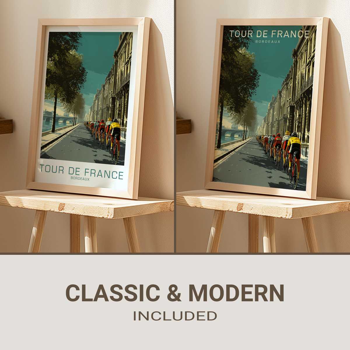 Full vintage poster showing cyclists passing Bordeaux landmarks with aged paper texture