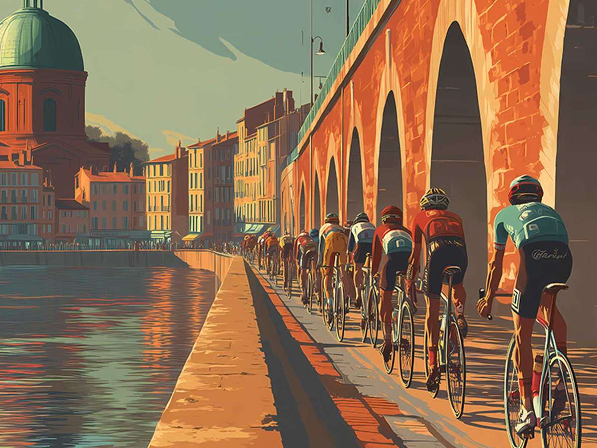 Single rider crossing a historic Toulouse bridge with arches and warm masonry forming a graphic urban backdrop
