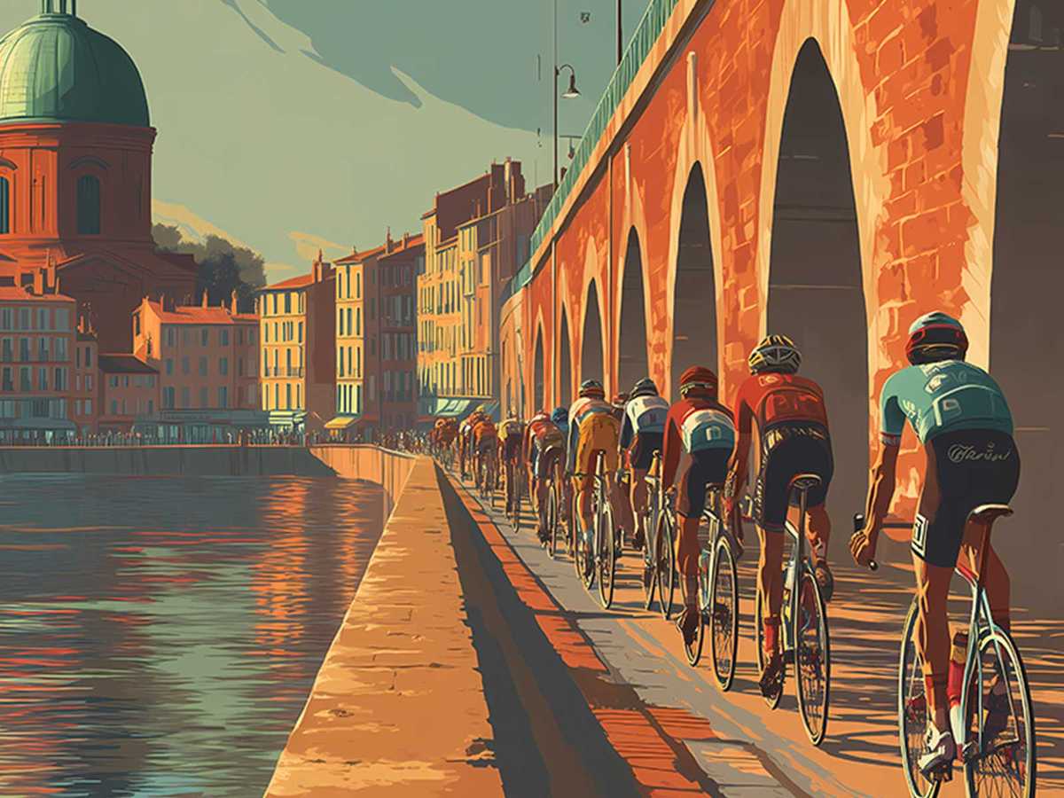 Single rider crossing a historic Toulouse bridge with arches and warm masonry forming a graphic urban backdrop