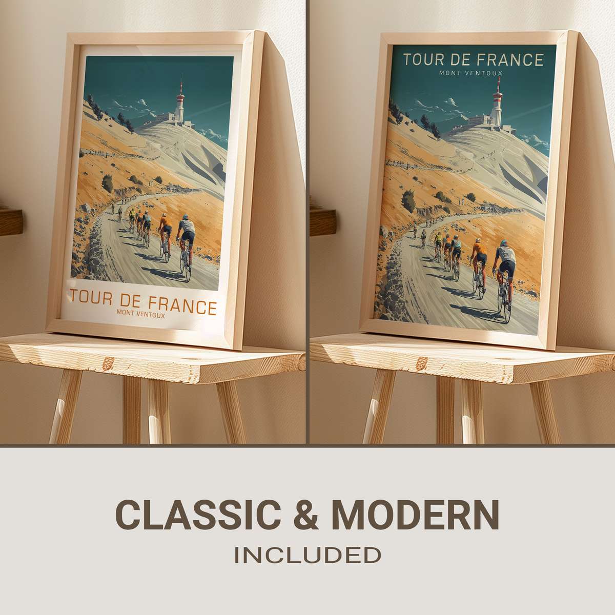 Vintage-style poster view from Mont Ventoux summit showing barren limestone peak, distant valley and wide sky
