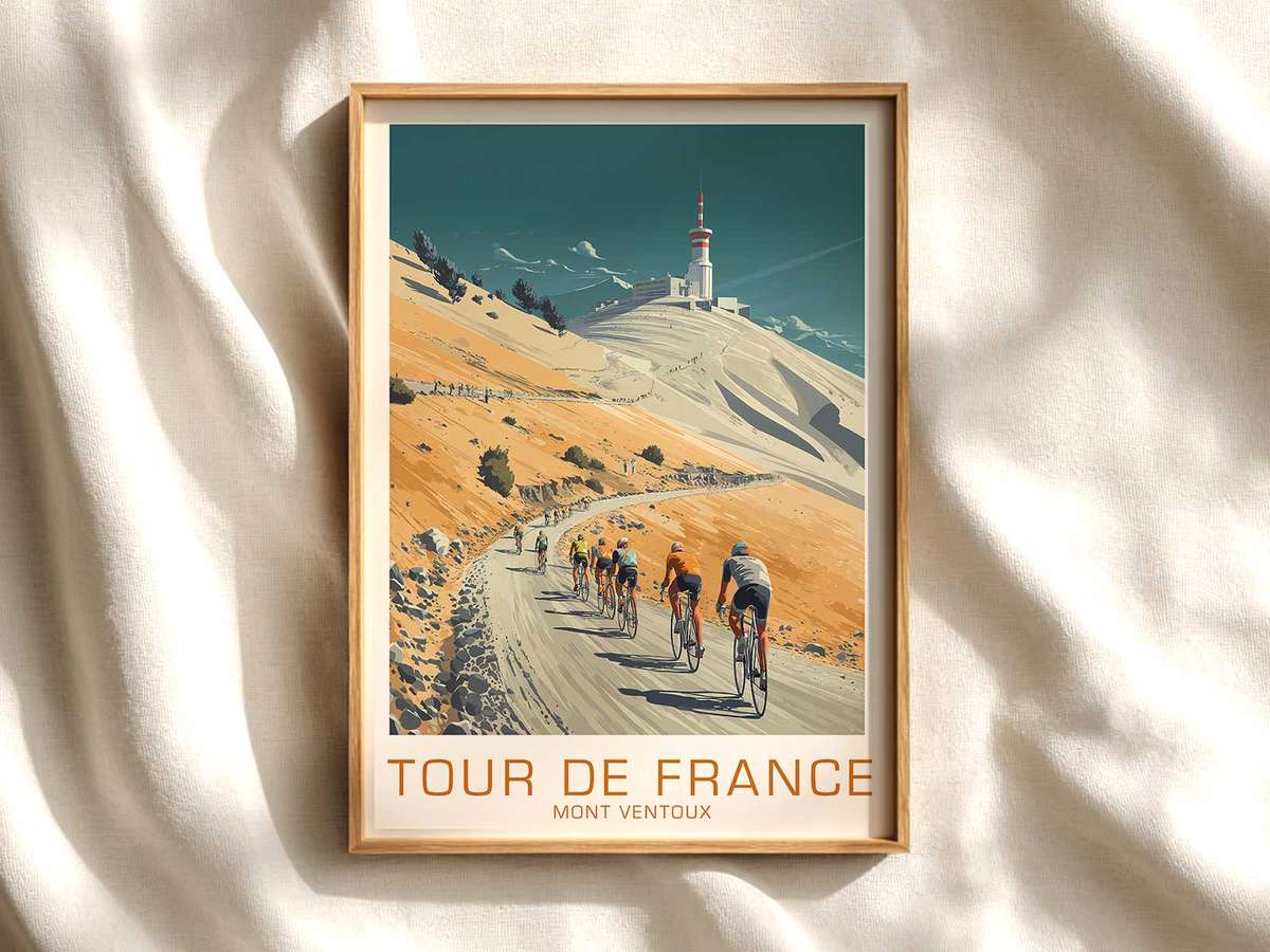 Vintage-style poster view from Mont Ventoux summit showing barren limestone peak, distant valley and wide sky