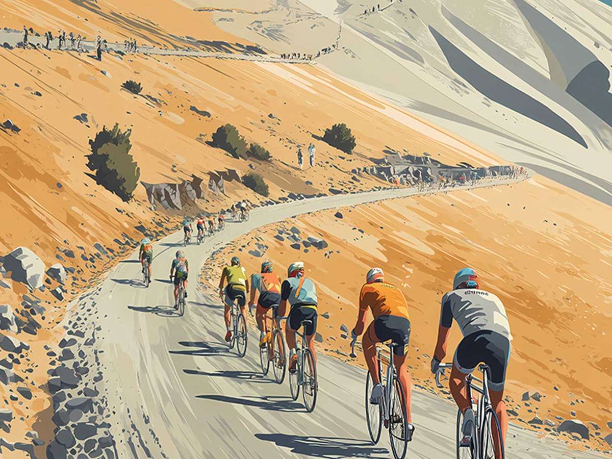 Curving mountain road winding upward through sparse pines with cyclists climbing toward the horizon