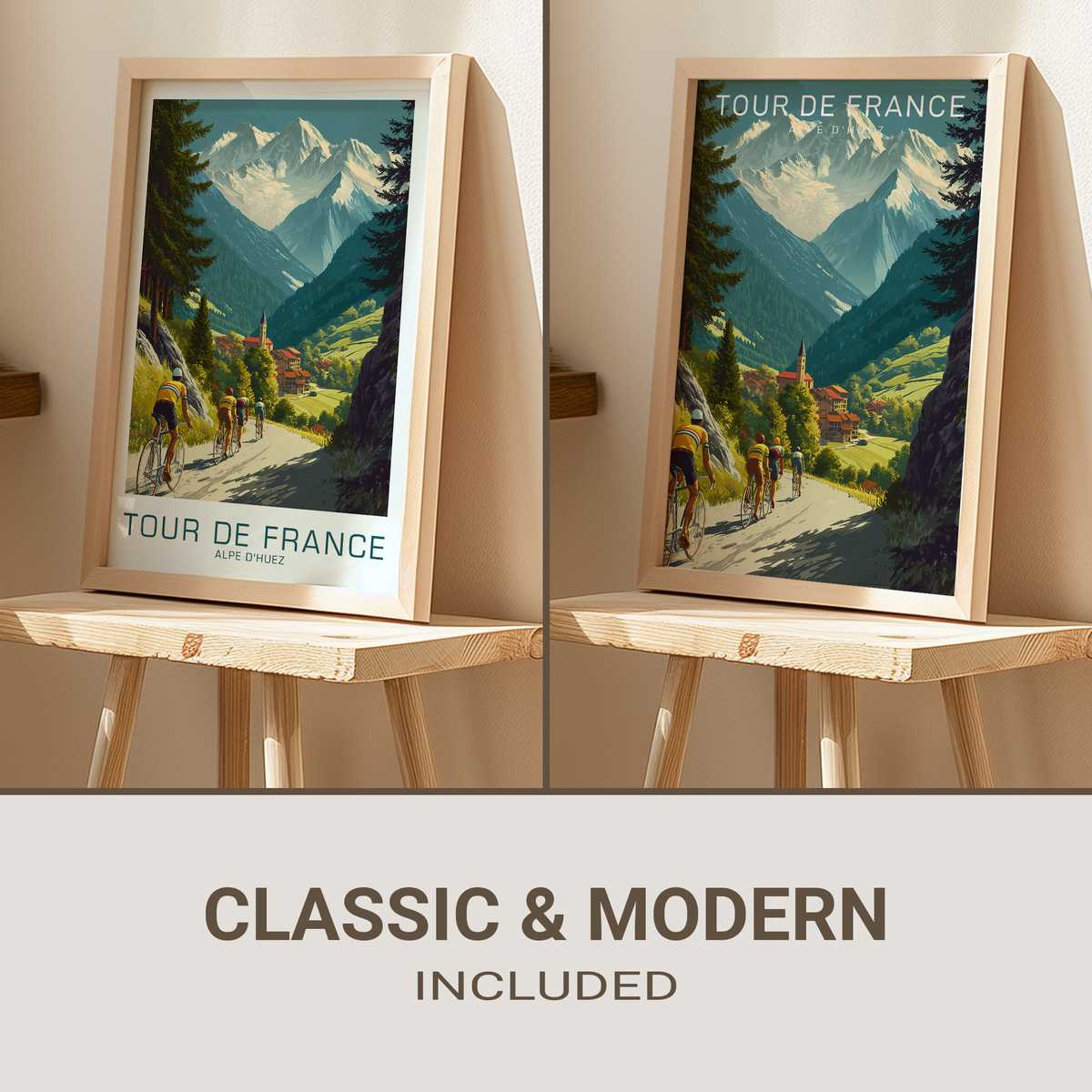 Vintage poster showing the spiral hairpins of Alpe d’Huez with a lone cyclist winding upward under clear alpine light