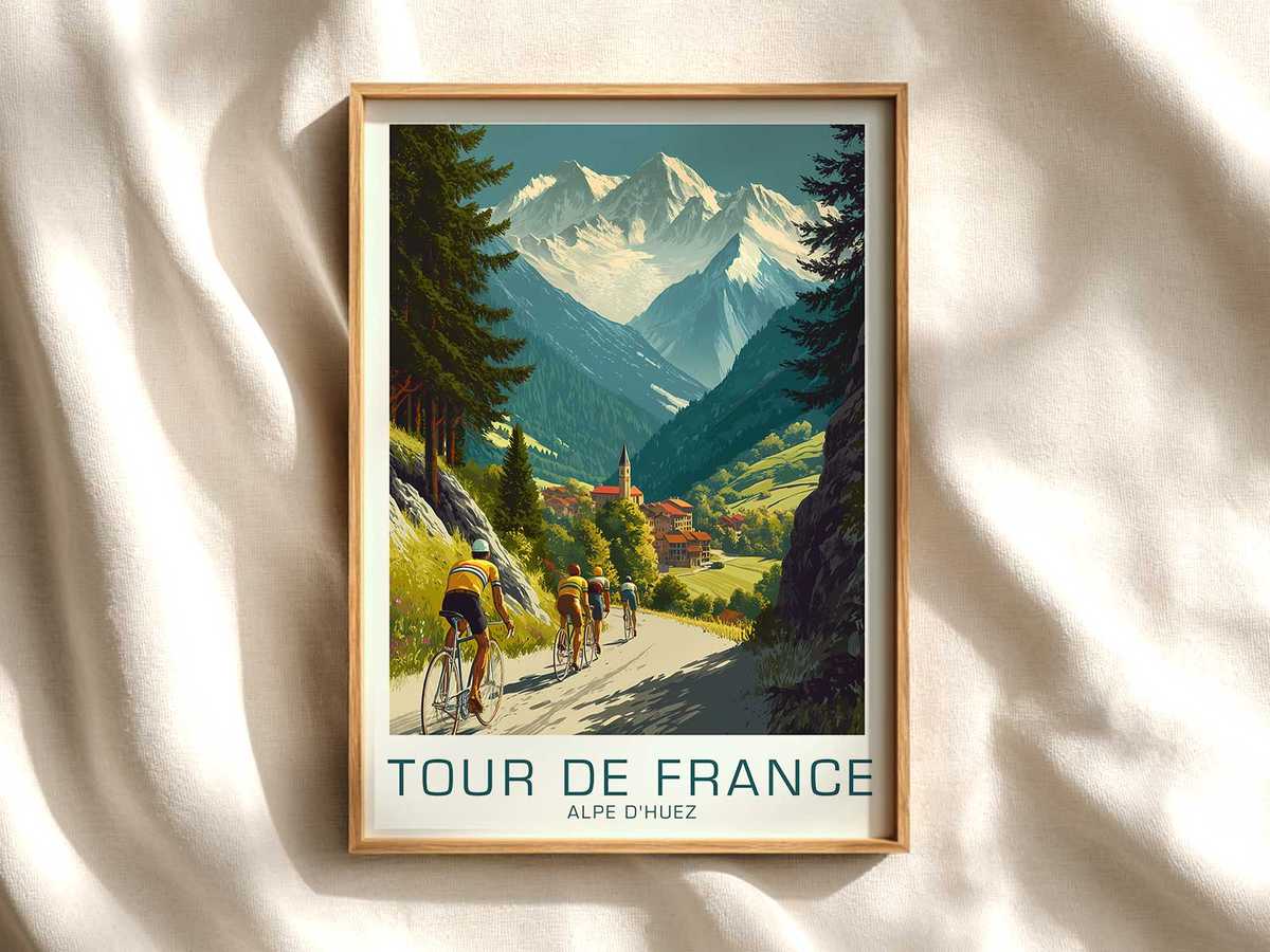 Vintage poster showing the spiral hairpins of Alpe d’Huez with a lone cyclist winding upward under clear alpine light