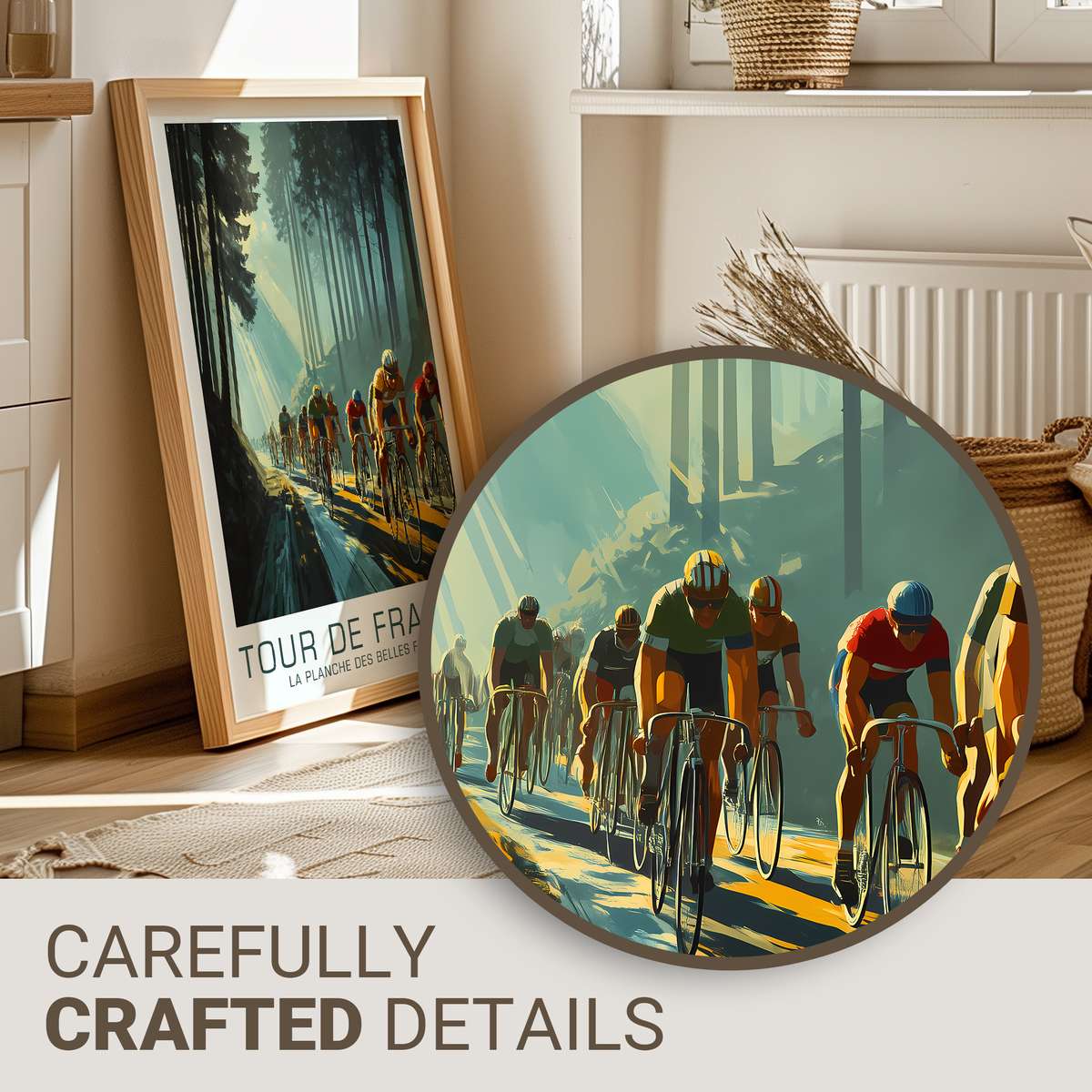 Riders cresting the final rise at La Planche des Belles Filles with tense body language and dramatic sky, vintage poster…