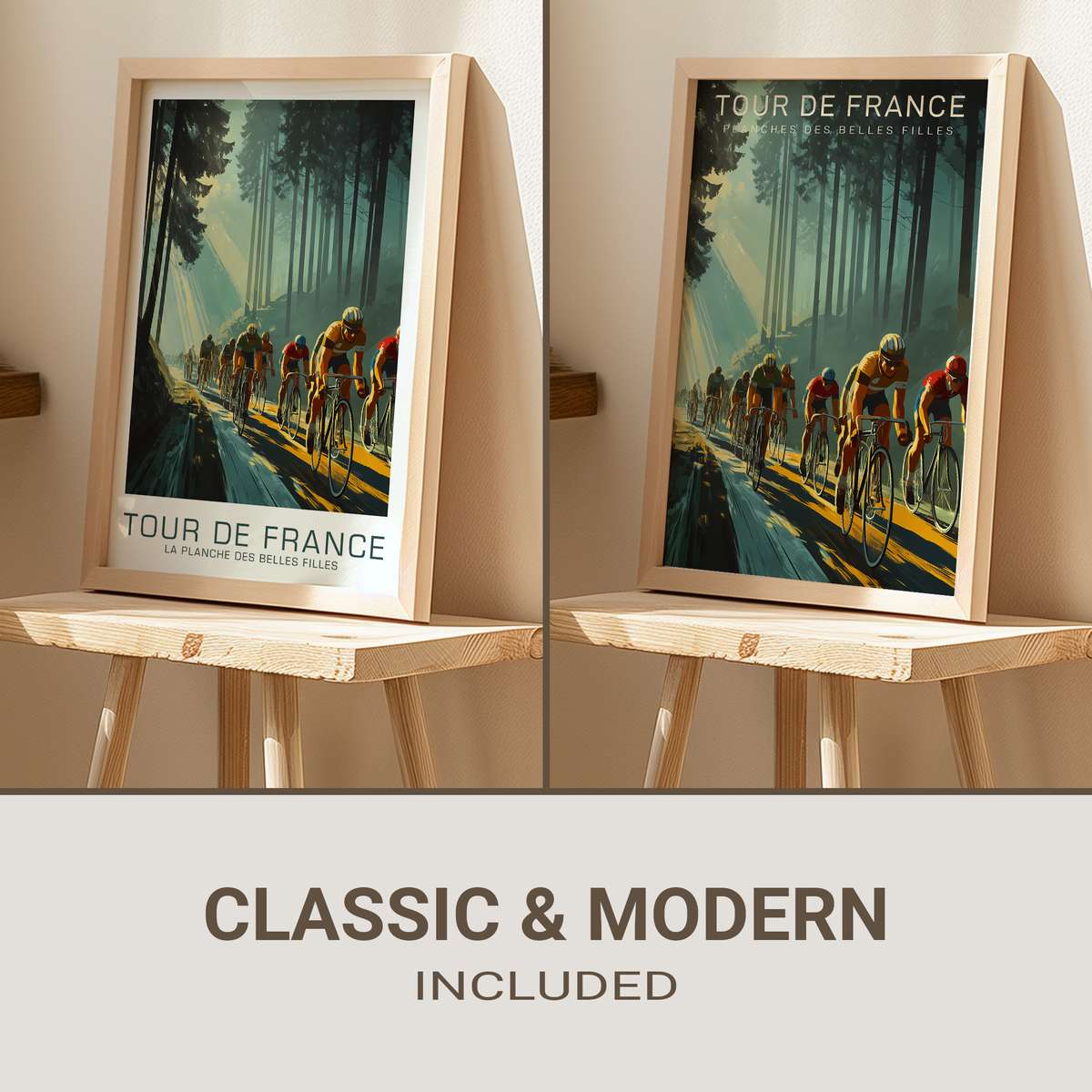 Riders cresting the final rise at La Planche des Belles Filles with tense body language and dramatic sky, vintage poster…