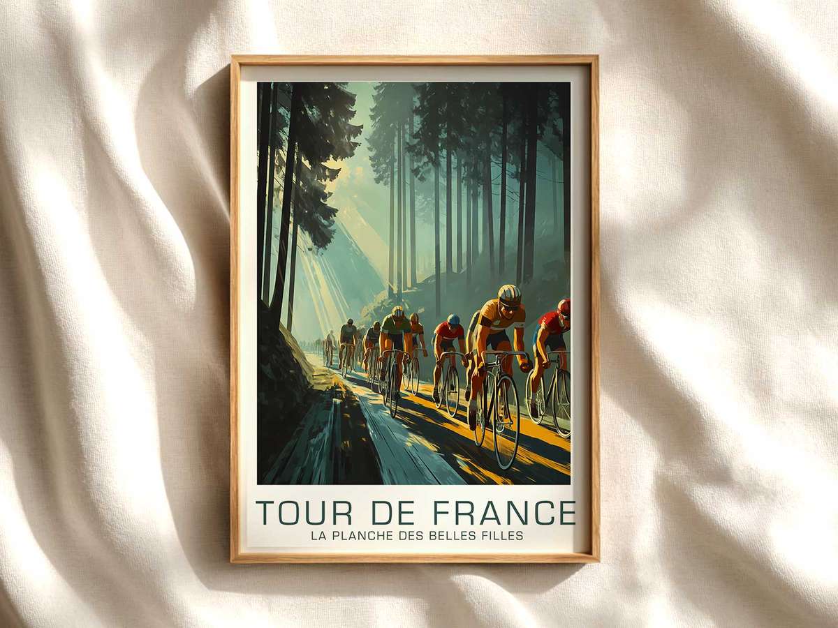 Riders cresting the final rise at La Planche des Belles Filles with tense body language and dramatic sky, vintage poster…