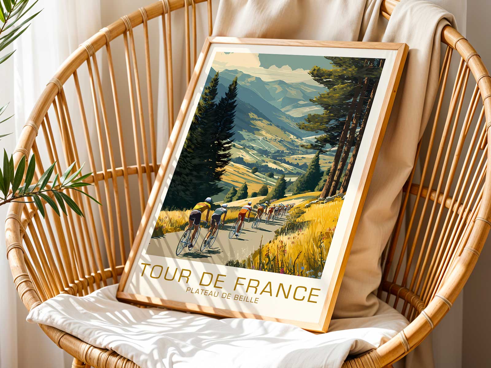 Vintage Plateau de Beille Tour de France poster showing the mountain slope, rocky outcrops and a small peloton climbing…
