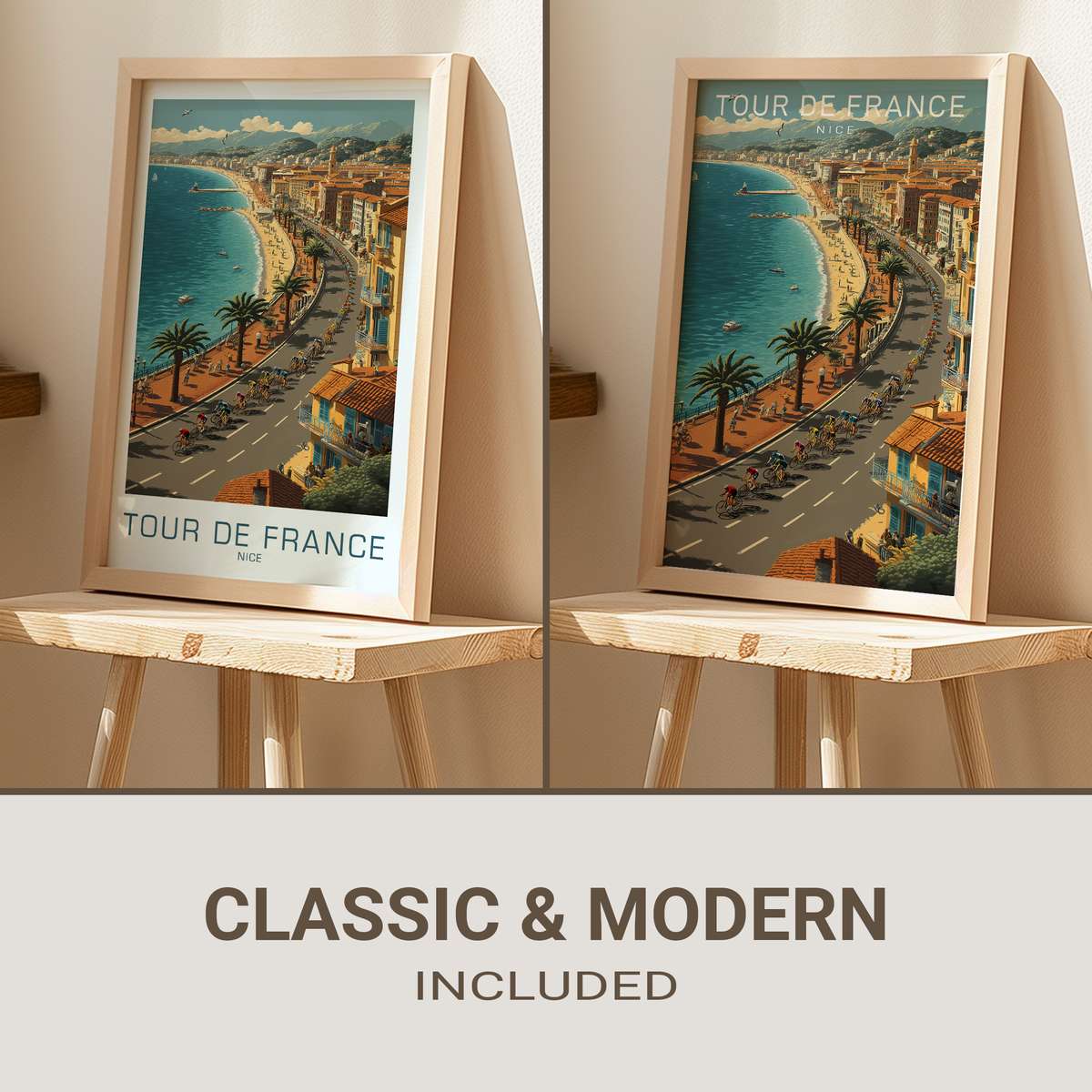 Minimalist poster showing a racing bicycle silhouette aligned with Nice promenade architecture and sea horizon