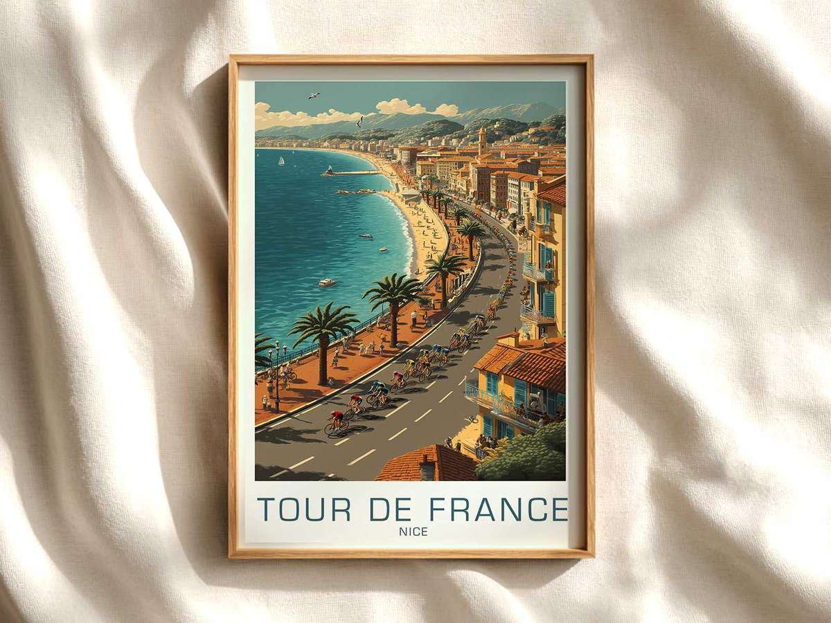 Minimalist poster showing a racing bicycle silhouette aligned with Nice promenade architecture and sea horizon