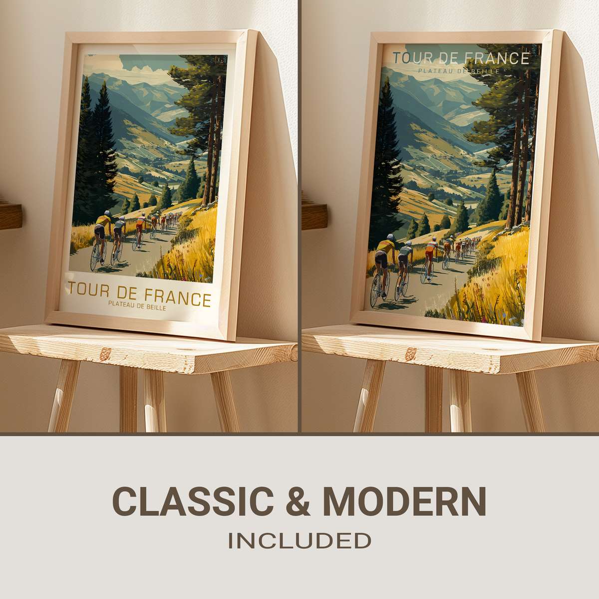 Stylized poster of Plateau de Beille showing layered mountain skyline, a winding road and a lone cyclist ascending under a…