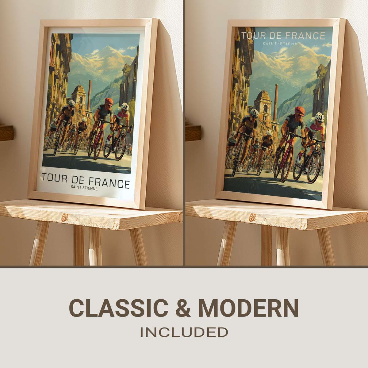 Framed vintage-style Saint-Étienne poster displayed on a neutral wall, showing a classic Tour de France cyclist silhouette…