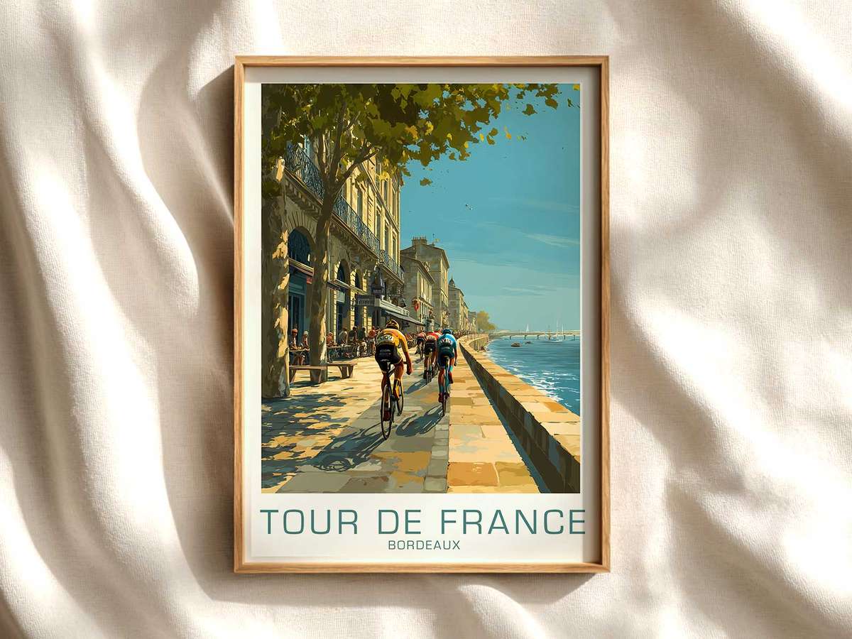 Silhouette of a racing bicycle framed against a minimalist Bordeaux skyline, emphasizing the bike's geometry and thin tubing
