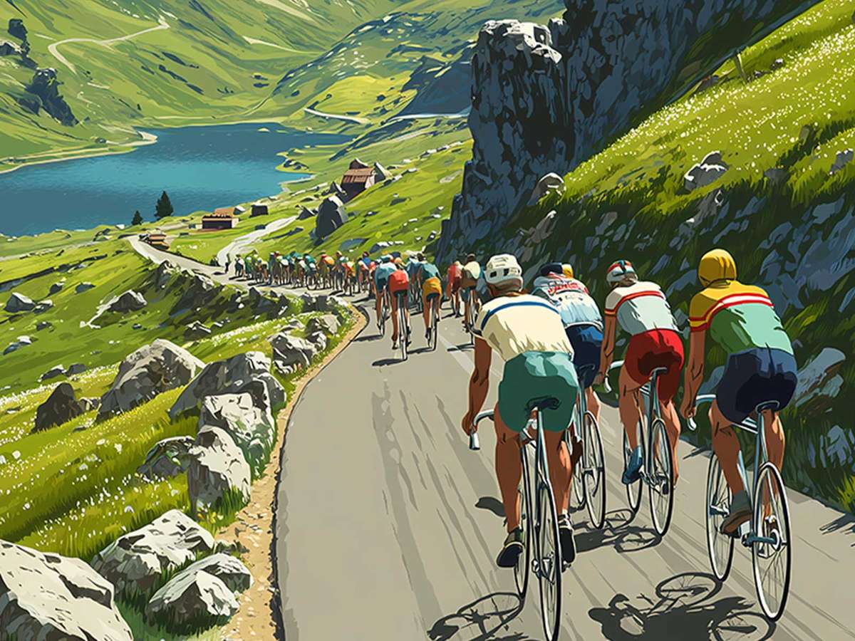 Stylized poster showing a series of winding hairpin bends up the Col du Glandon with tiny cyclists on the road