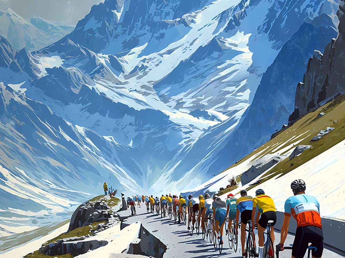 Stylized winding mountain road rendered as bold gradient stripes climbing toward distant peaks