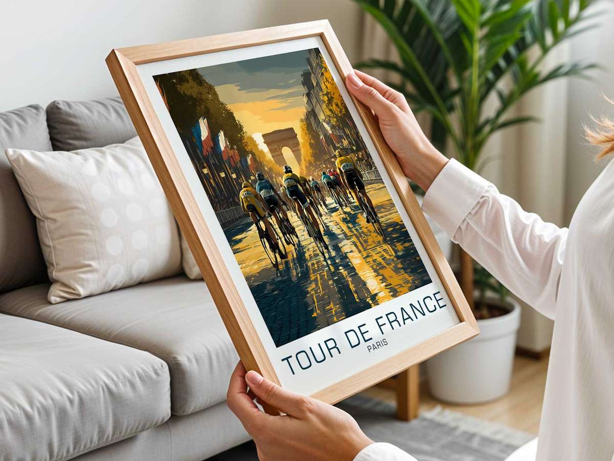 Close detail of printed poster surface showing paper texture and color fidelity of the retro Tour de France design…