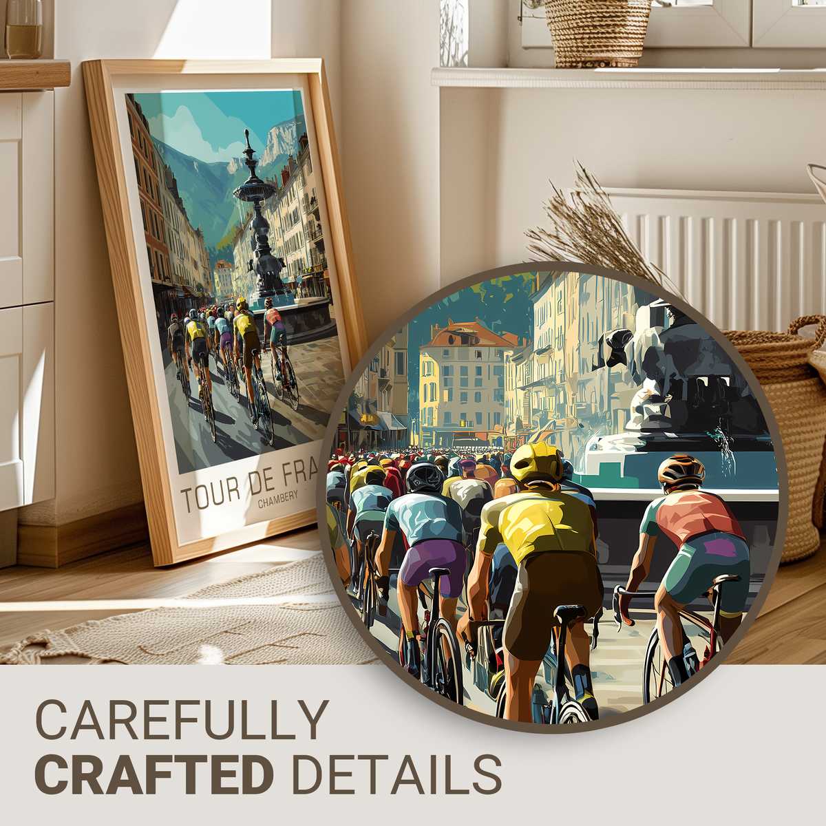 Vintage Chambéry poster showing cyclists ascending a mountain pass with classic Tour de France lettering and muted archival…