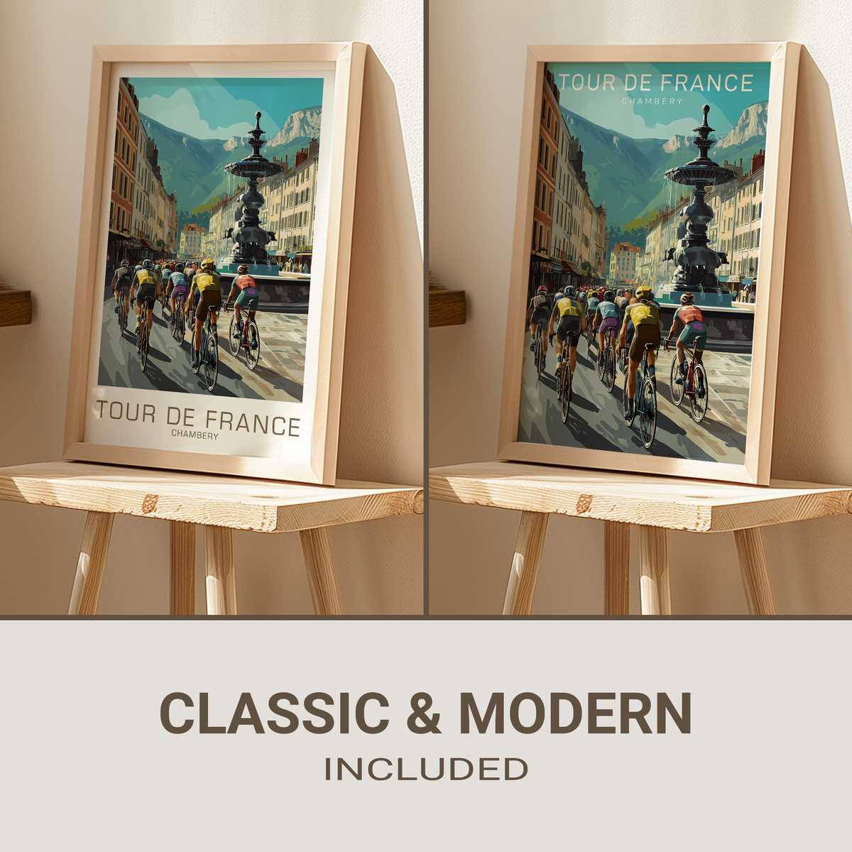 Vintage Chambéry poster showing cyclists ascending a mountain pass with classic Tour de France lettering and muted archival…