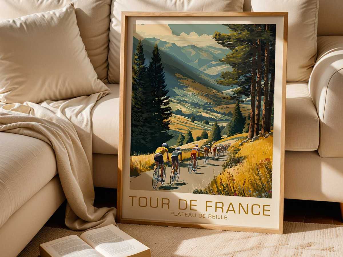 Poster using bold, simplified icons—a bike silhouette, mountain crest and route markers—to communicate Tour de France…