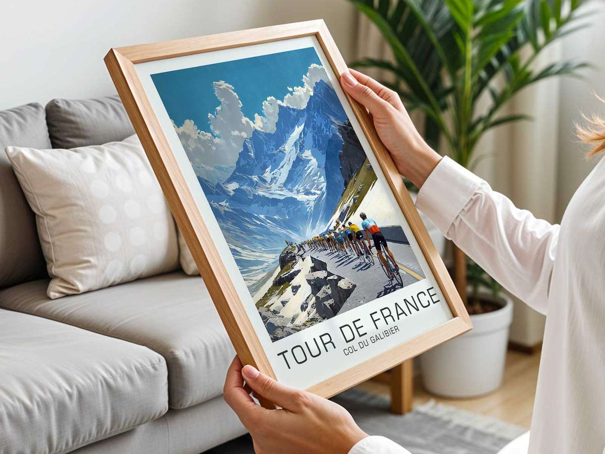 Decorative Retro cycling of Col du Galibier artwork designed for road racers and training room decor