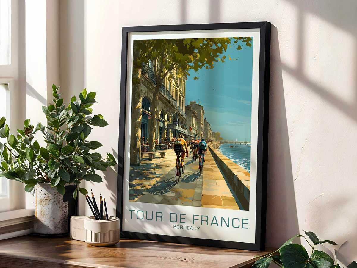 Shadow of a cyclist cast over a cobbled Bordeaux street, using negative space to frame the racing machine