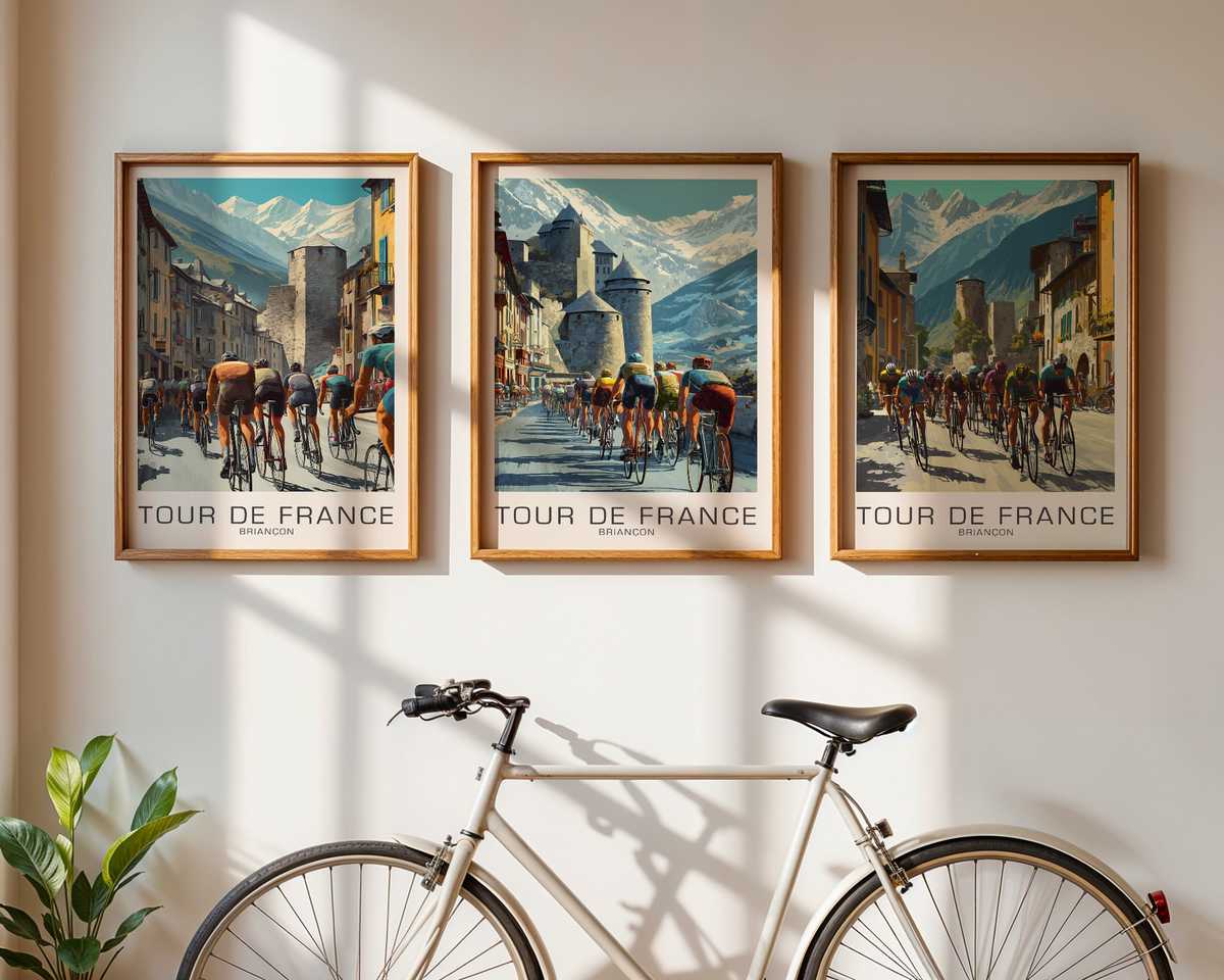 Close-up of a vintage Tour de France poster for Briançon showing aged paper texture and muted colors
