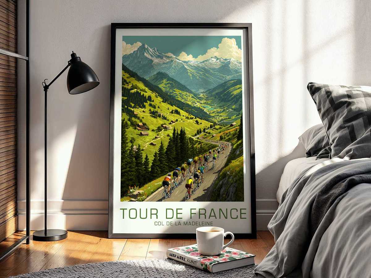 Vintage poster composition showing a long ribbon-like road leading directly to a solitary cyclist, emphasizing the direct…