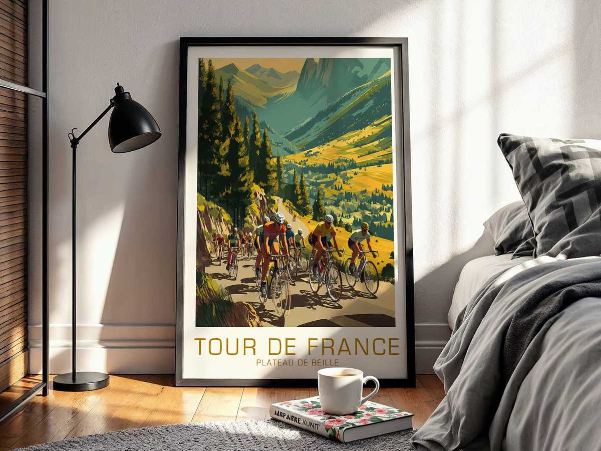 Graphic depiction of a sweeping road curve on Plateau de Beille with strong contrast and negative space for wall presence
