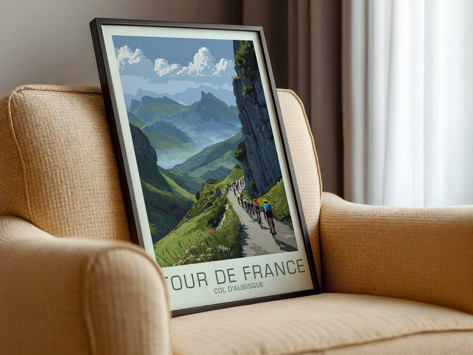 Poster composition with a rocky foreground leading the eye to the distant Col d’Aubisque peak under dramatic light