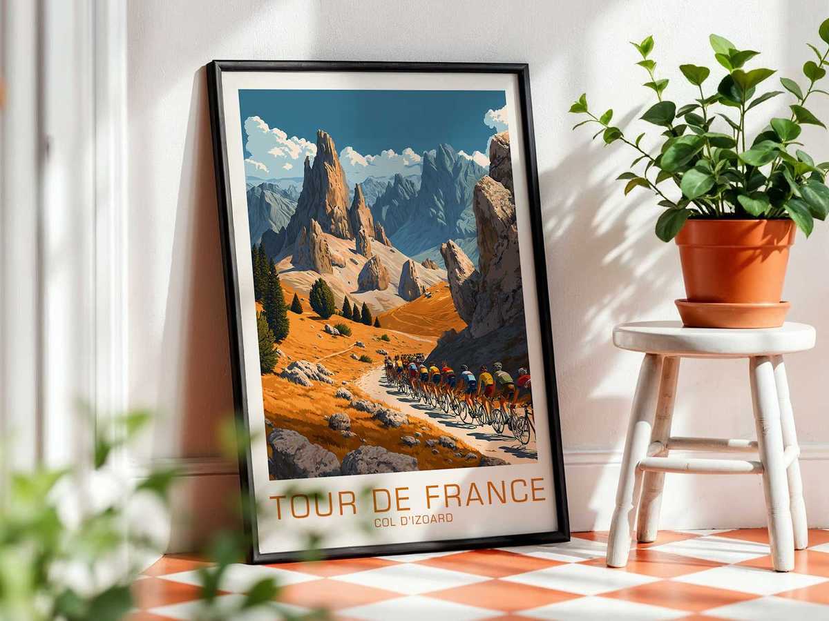 Poster-style depiction of the Col d’Izoard’s rocky, lunar landscape with stark shadows and textured slopes