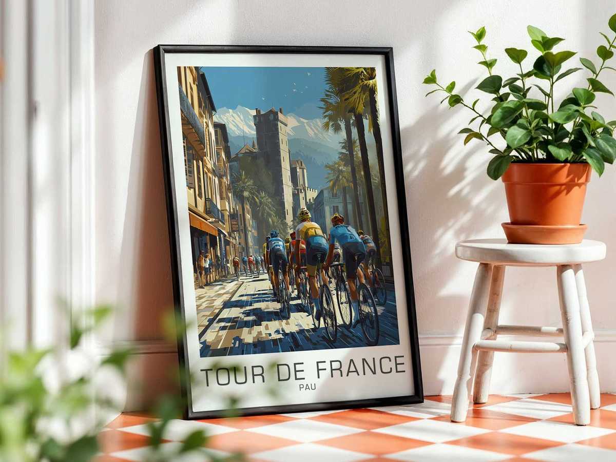 Poster detail highlighting saddle and handlebar materials, referencing Tour de France equipment culture through texture and…