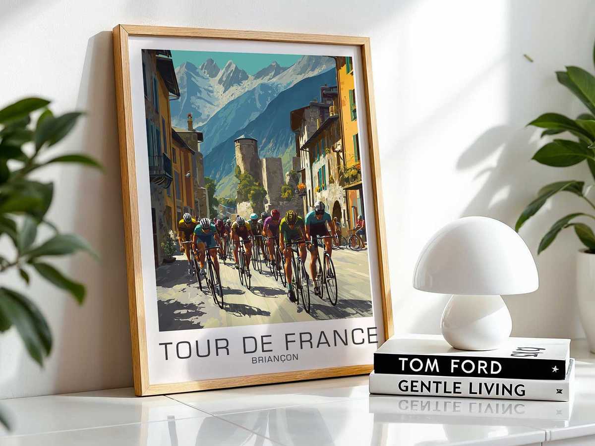 High-contrast poster focusing on the saddle and top tube silhouette set against a stylized Briançon skyline