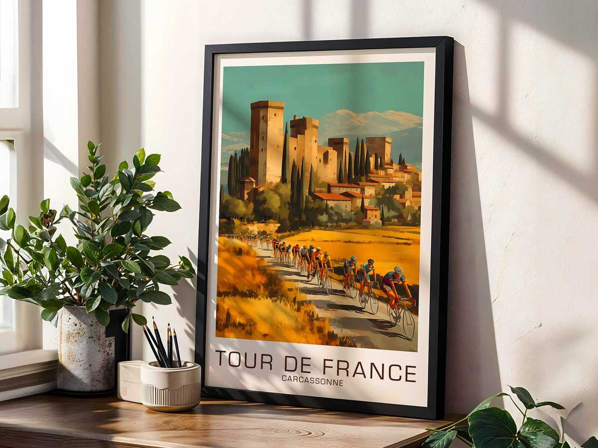 Saddle and seatpost in profile with a distant view of Carcassonne, positioning the bicycle as narrative foreground