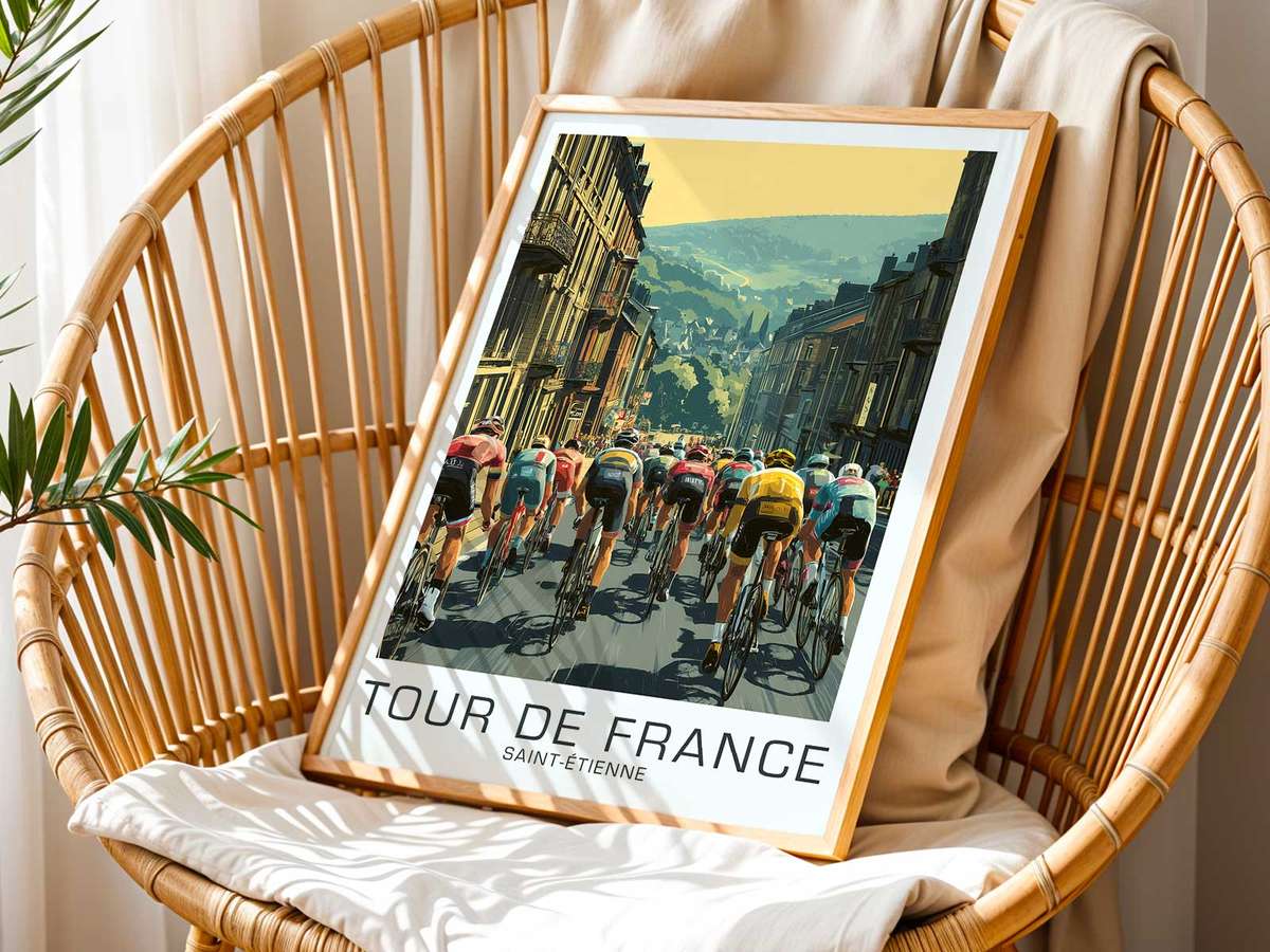 Saint-Étienne and the Memory of the Tour decorative print featuring competitive road action and scenic depth for cycling enthusiasts
