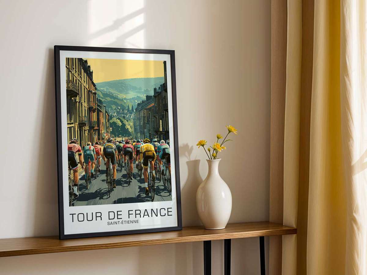 Artistic view of Saint-Étienne as Stage showing climbing effort and open-road atmosphere for bike workshop decor