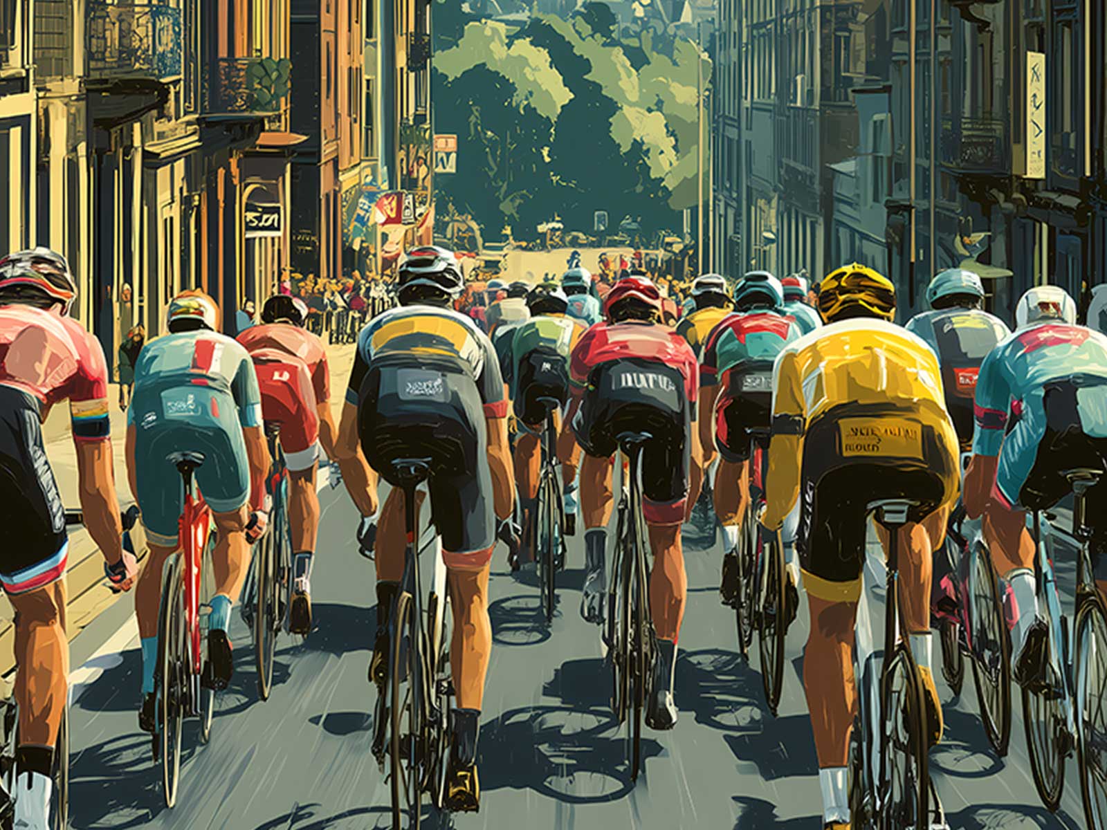 Vintage Tour de France poster featuring Saint-Étienne cityscape and cyclists in retro illustration style